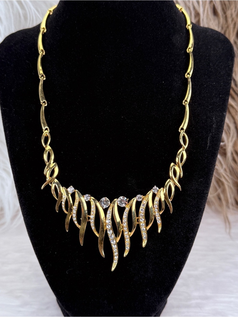 Vintage Gold Tone Rhinestone Statement Necklace Abstract Fringe Bib Collar